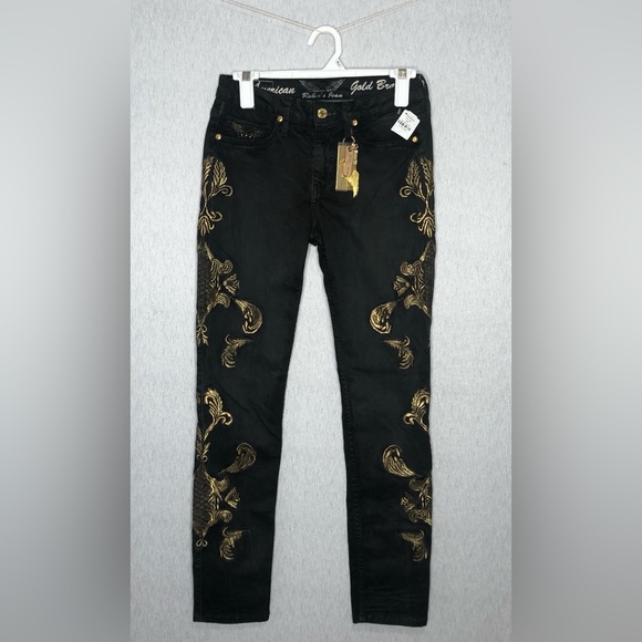 Robin’s Jean Mid Rise Women’s 27 Jeans Gold Embroidery LA Black Gothic Skinny - Picture 1 of 16